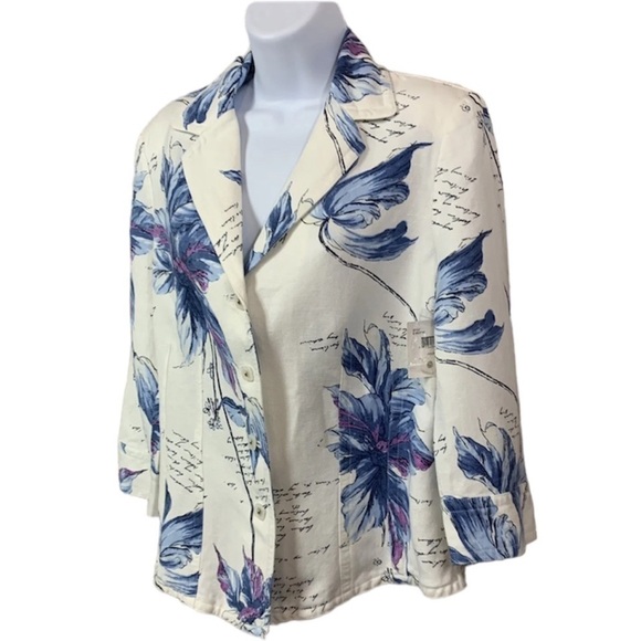 Emma James Off-White Floral Collared Button Front 3/4 Sleeve Linen Blazer Jacket - Picture 4 of 11